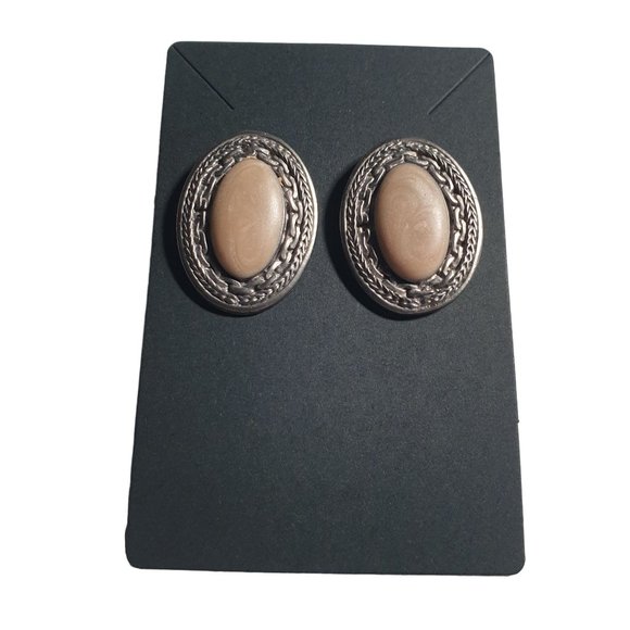 Oval Cabochon Grey Metal Vintage Earrings Womens Jewelry Costume Medium Weight - Picture 2 of 5